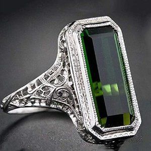 925 Sterling Silver Ring Simulation Sapphire Blue Cubic Zirconia Emerald Ring